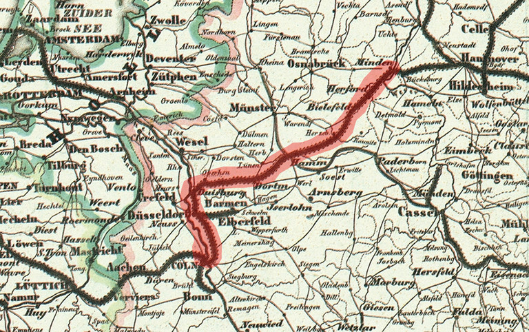 Stammstrecke der Köln-Mindener Eisenbahn-Gesellschaft auf der Bahnkarte Deutschland 1849