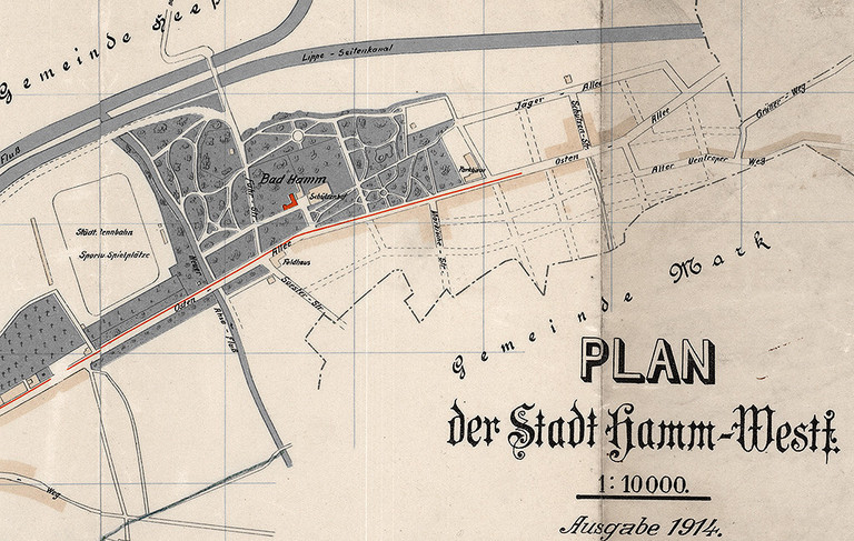 Projektierte Landhausvorstadt, Ausschnitt aus dem Plan der Stadt Hamm, 1914