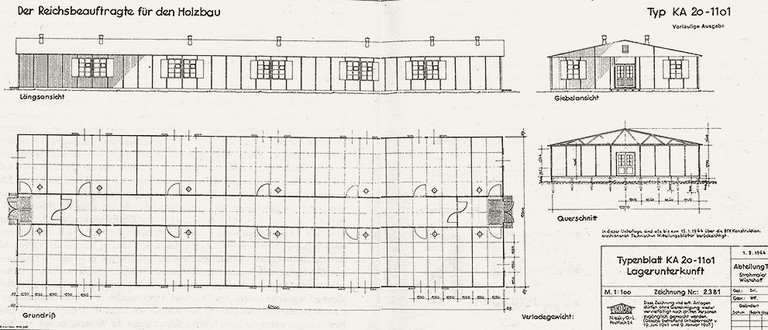 Typenblatt KA 20-1101 Lagerunterkunft. Solche Holzbaracken befanden sich auch im Lager II an der Sandstraße (Heinz Weischer, Russenlager, Essen 1990, S. 122-123)