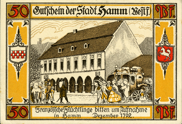 Notgeldschein der Stadt Hamm: „Französische Flüchtlinge bitten um Aufnahme in Hamm, Dezember 1792“ 