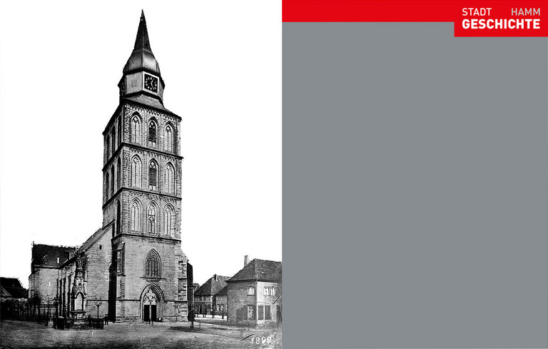 Ansicht der „Großen Kirche“ (ab 1912 Pauluskirche) mit barockem Turmhelm, 1899 (links)