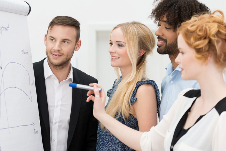 vier Personen entwickeln Ideen an einem Flipchart