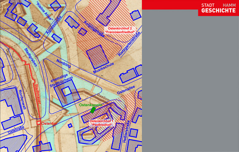 Ausschnitt aus dem Festungsplan von 1680 mut heutiger Gebäude- und Straßensituation