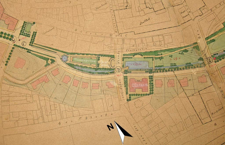 Planausschnitt zur Gestaltung der Ringanlagen mit einem Teil des Südrings zwischen Westentor und Sedanstraße, 1912