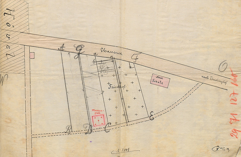 Handskizze des katholischen Friedhofs und des Massengrabes, 22. Januar 1909