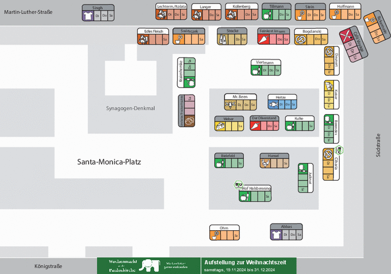 Aufstellung des Wochenmarktes auf dem Santa-Monica-Platz/Martin-Luther-Straße während des Weihnachtsmarktes