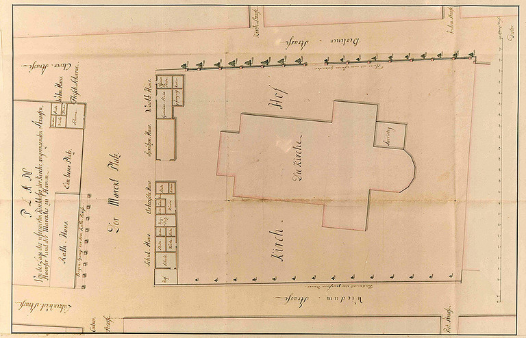 Plan des Kirchhofs der Reformierten Kirche und des Marktplatzes zu Hamm. Kolorierte Federzeichnung von Ph. L. Pistor, 1802