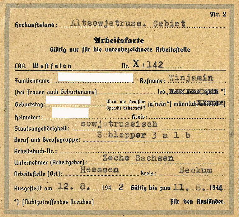 Arbeitskarte eines sowjetischen Zwangsarbeiters, 1942