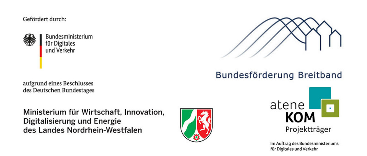 Förderlogos: atene KOM: Projektträger des Bundesministeriums für Digitales und Verkehr, Bundesförderung Breitband, Ministerium für Wirtschaft, Innovation, Digitalisierung und Energie des Landes Nordrhein-Westfalen und atene KOM: Projektträger des Bundesministeriums für Verkehr und digitale Infrastruktur