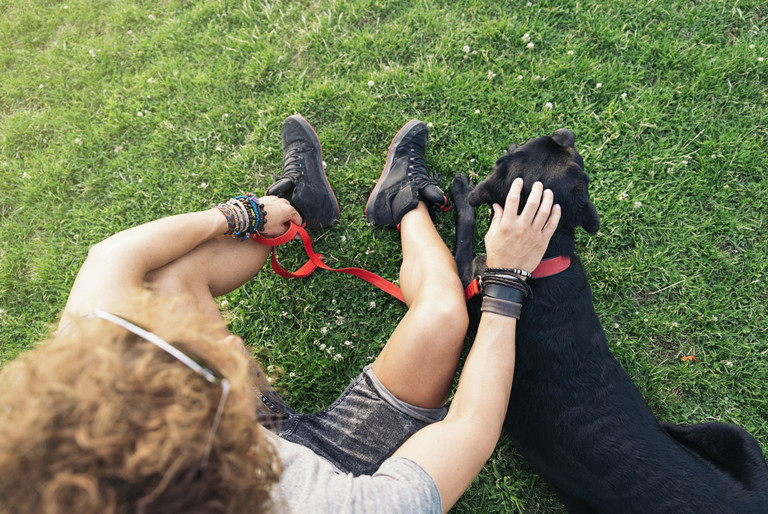 Ein junger Mann sitzt mit seinem Hund auf einer Wiese