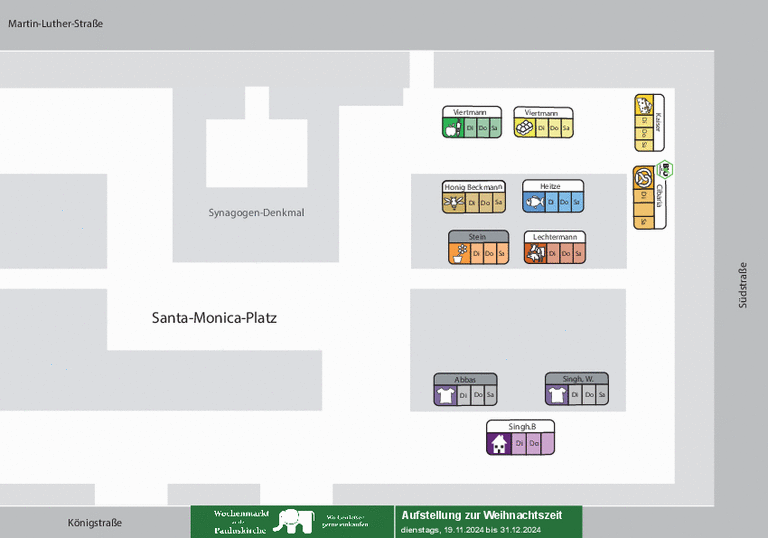 Aufstellung des Wochenmarktes auf dem Santa-Monica-Platz/Martin-Luther-Straße während des Weihnachtsmarktes