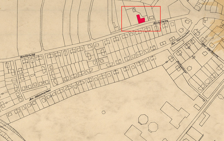 „Alte Kolonie“, Ausschnitt aus dem Kriegsschädenplan der Stadt Hamm (Westf.), Blatt 1, April 1944 (Auflage Stadtplan Januar 1936)