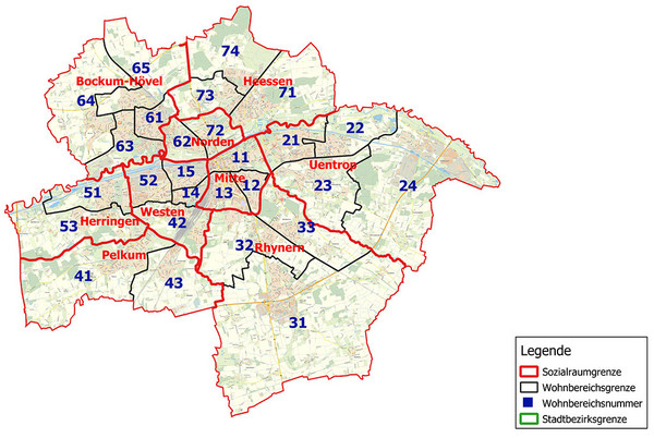 Skizze: Stadt Hamm mit Einteilung nach Sozialräumen und Wohnbereichen