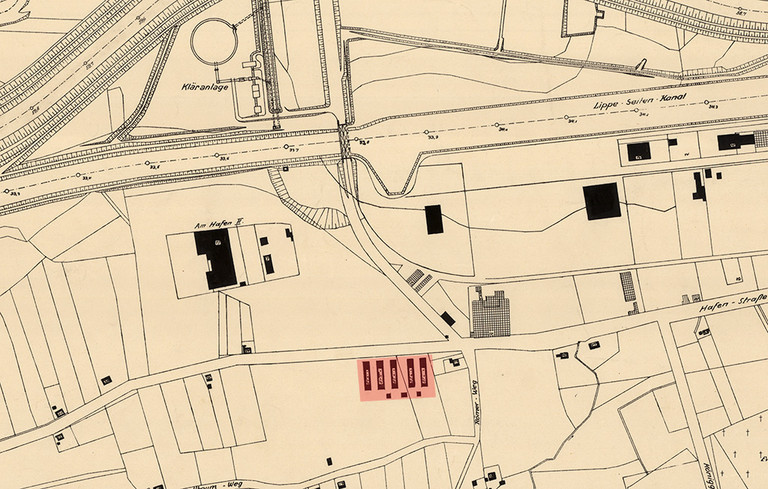 Ausschnitt aus dem Kriegsschädenplan von 1944 mit den Baracken an der Ecke Hafenstraße/Römerweg.