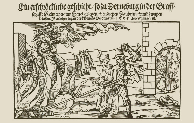 Wirken des Teufels bei der Hexenverbrennung im Oktober 1555. Flugblatt, Nürnberg 