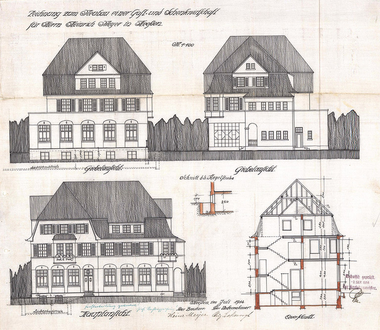 Zeichnung zum Neubau einer Gast- und Schenkwirtschaft für Herrn Heinrich Meyer in Heeßen, 1914 