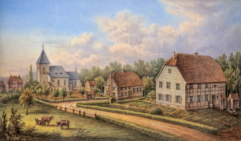 Ansicht der Kirche und des Kirchhofs in Uentrop auf der Jubiläumstasse für Lehrer Gröpper 1858