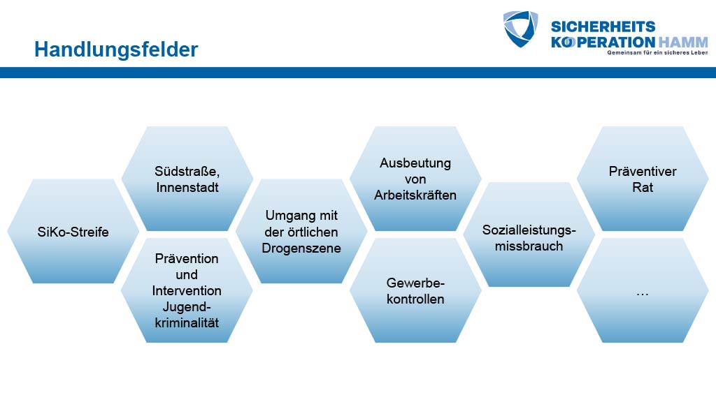 Eine Grafik mit der wabenförmigen Darstellung der Handlungsfelder der Sicherheitskooperation